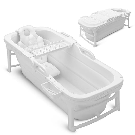 1.5M Foldable Bathtub Set - Includes Lid Tray Bag Stretch Drainage Pipe Bath Cushion And Massage Rollers For Indoor And Outdoor Use (White)