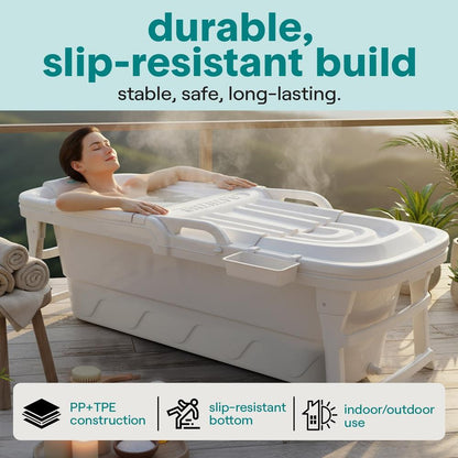 Juego de bañera plegable de 1.5M - Incluye tapa, bandeja, bolsa, tubo de drenaje extensible, cojín de baño y rodillos de masaje para uso interior y exterior (blanco)