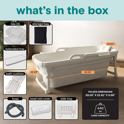 Juego de bañera plegable de 1.5M - Incluye tapa, bandeja, bolsa, tubo de drenaje extensible, cojín de baño y rodillos de masaje para uso interior y exterior (blanco)