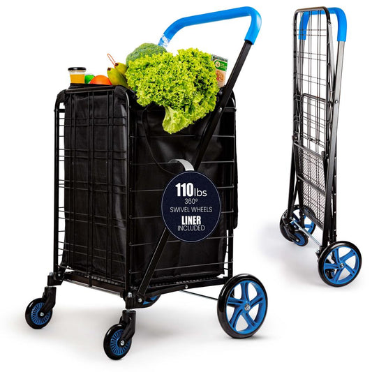 Heavy Duty Foldable Shopping Cart With Removable Cart Liner 360 Degree Rolling Swivel Wheels And Adjustable Handle 110 Lbs. Weight Capacity For Groceries Laundry Luggage And More