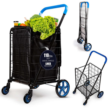Heavy Duty Foldable Shopping Cart With Removable Cart Liner 360 Degree Rolling Swivel Wheels And Adjustable Handle 110 Lbs. Weight Capacity For Groceries Laundry Luggage And More