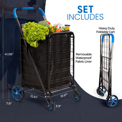 Heavy Duty Foldable Shopping Cart With Removable Cart Liner 360 Degree Rolling Swivel Wheels And Adjustable Handle 110 Lbs. Weight Capacity For Groceries Laundry Luggage And More