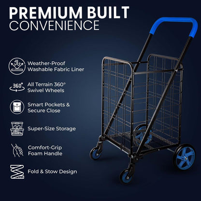 Heavy Duty Foldable Shopping Cart With Removable Cart Liner 360 Degree Rolling Swivel Wheels And Adjustable Handle 110 Lbs. Weight Capacity For Groceries Laundry Luggage And More