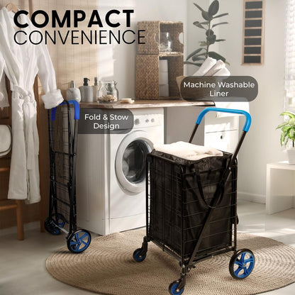 Heavy Duty Foldable Shopping Cart With Removable Cart Liner 360 Degree Rolling Swivel Wheels And Adjustable Handle 110 Lbs. Weight Capacity For Groceries Laundry Luggage And More