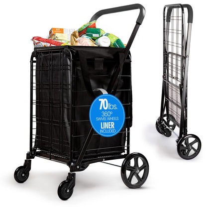 Carro de Compras Plegable Compacto Capacidad de 70 lb Ruedas Giratorias de Acero Inoxidable