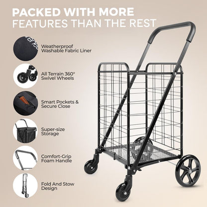 Carro de Compras Plegable Compacto Capacidad de 70 lb Ruedas Giratorias de Acero Inoxidable