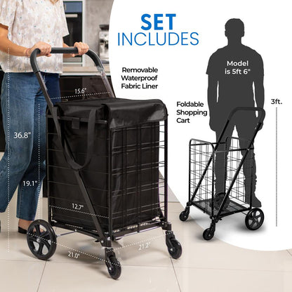 Carro de Compras Plegable Compacto Capacidad de 70 lb Ruedas Giratorias de Acero Inoxidable