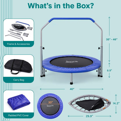 40 Foldable Trampoline Burn Calories Adjustable Handrail Deep Blue