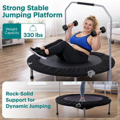 40 Foldable Mini Trampoline Low-Impact Workout Adjustable Handrail