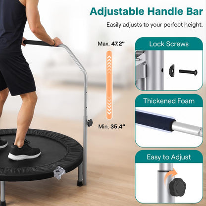 40 Foldable Mini Trampoline Low-Impact Workout Adjustable Handrail