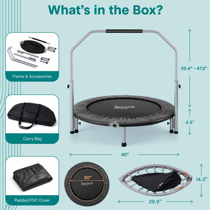 40 Foldable Mini Trampoline Low-Impact Workout Adjustable Handrail