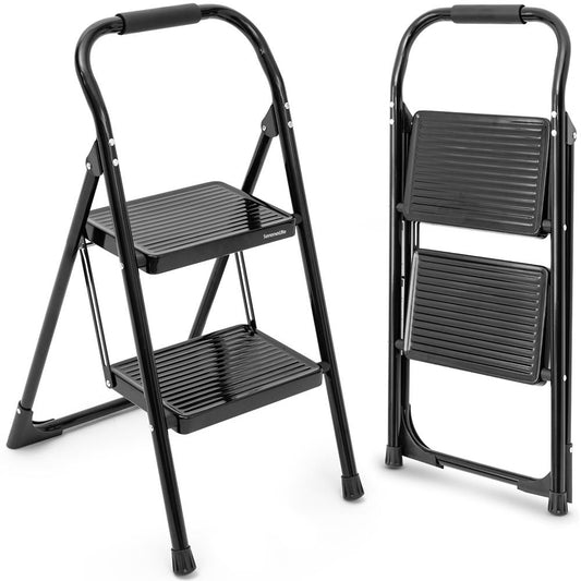 2-Step Folding Step Ladder With Wide Anti-Slip Pedal & Handrail – Sturdy Steel Lightweight & Portable Step Stool For Home & Office Use (White)