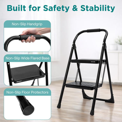 2-Step Folding Step Ladder With Wide Anti-Slip Pedal & Handrail – Sturdy Steel Lightweight & Portable Step Stool For Home & Office Use (White)