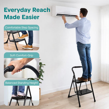 2-Step Folding Step Ladder With Wide Anti-Slip Pedal & Handrail – Sturdy Steel Lightweight & Portable Step Stool For Home & Office Use (White)