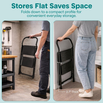 2-Step Folding Step Ladder With Wide Anti-Slip Pedal & Handrail – Sturdy Steel Lightweight & Portable Step Stool For Home & Office Use (White)