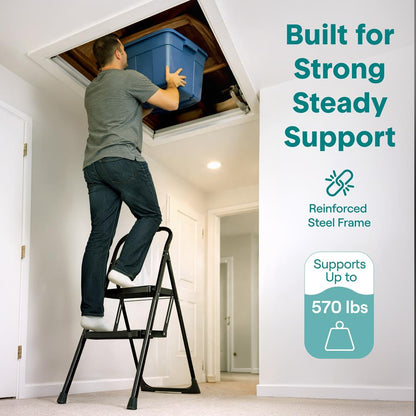 2-Step Folding Step Ladder With Wide Anti-Slip Pedal & Handrail – Sturdy Steel Lightweight & Portable Step Stool For Home & Office Use (White)