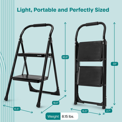 2-Step Folding Step Ladder With Wide Anti-Slip Pedal & Handrail – Sturdy Steel Lightweight & Portable Step Stool For Home & Office Use (White)