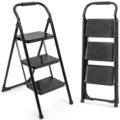 Escalera Plegable de 3 Peldaños con Pedales Anchos Antideslizantes y Pasamanos – Taburete de Acero Resistente, Ligero y Portátil para Uso en el Hogar y la Oficina (Blanco)