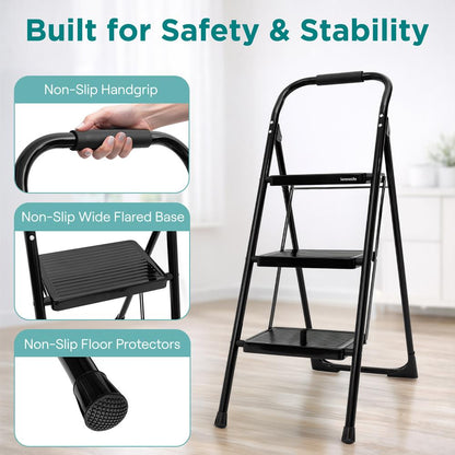Escalera Plegable de 3 Peldaños con Pedales Anchos Antideslizantes y Pasamanos – Taburete de Acero Resistente, Ligero y Portátil para Uso en el Hogar y la Oficina (Blanco)