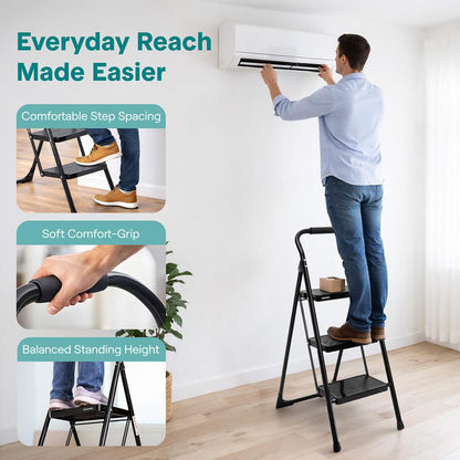 Escalera Plegable de 3 Peldaños con Pedales Anchos Antideslizantes y Pasamanos – Taburete de Acero Resistente, Ligero y Portátil para Uso en el Hogar y la Oficina (Blanco)