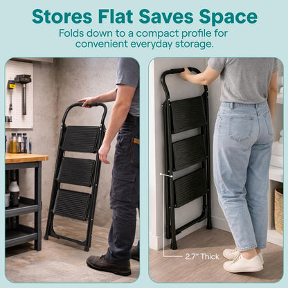 Escalera Plegable de 3 Peldaños con Pedales Anchos Antideslizantes y Pasamanos – Taburete de Acero Resistente, Ligero y Portátil para Uso en el Hogar y la Oficina (Blanco)
