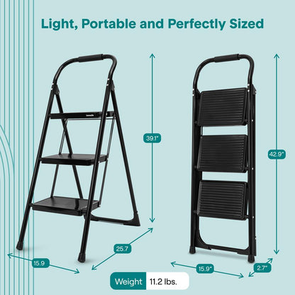 Escalera Plegable de 3 Peldaños con Pedales Anchos Antideslizantes y Pasamanos – Taburete de Acero Resistente, Ligero y Portátil para Uso en el Hogar y la Oficina (Blanco)