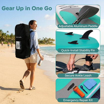 Tabla de paddle surf inflable soldada Free-Flow con bomba manual de doble acción, remo de aluminio de 3 piezas, correa, quilla, kit de reparación y mochila (negro)