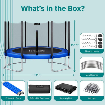 12FT Outdoor Trampoline - Safe Jumping Reinforced Mat Blue