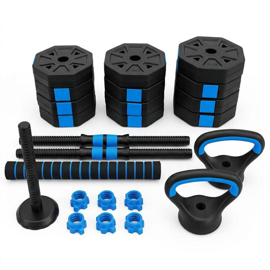 Squatz 4-In-1 Multifunctional 45 Lbs Adjustable Octagon Dumbbell Set With Barbell Connector Kettlebell Handle And Push-Up Handles For Home Gym Strength Training (Black And Navy)
